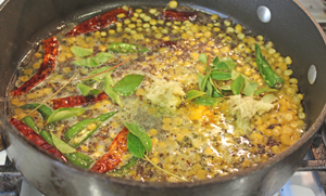 Lemon rice ingredients cooking on stove